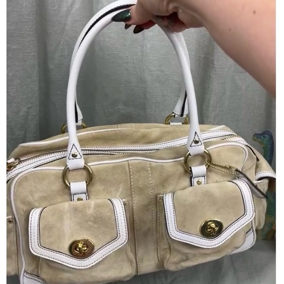 Coach Handbags - Vintage Coach Beige Suede and White Leather Handbag with Gold Accents